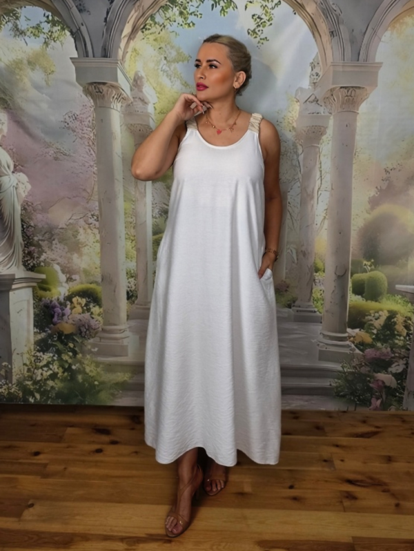 Sukienka Bella Eleganza z pięknym wiązaniem na plecach – Śmietankowa Biel