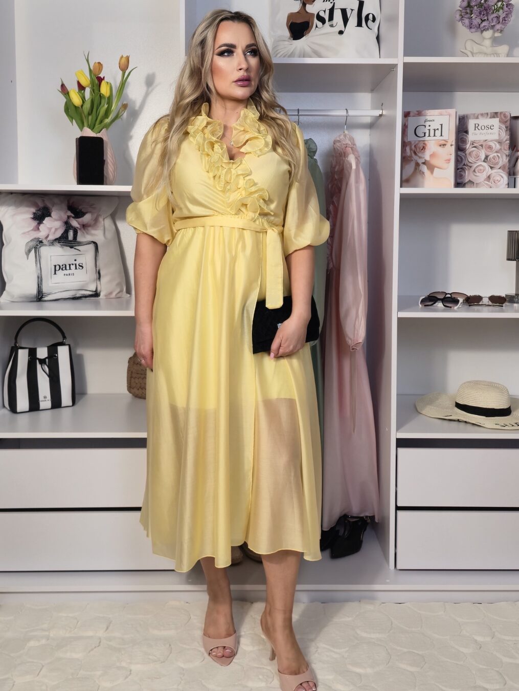 Sukienka Maxi z Żabotem Bella Luna – Żółta - obrazek 3